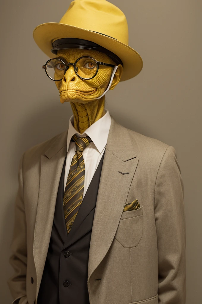 old humanoid with wrinkled face and yellow reptilian eyes, suit hat, tie and large round glasses.