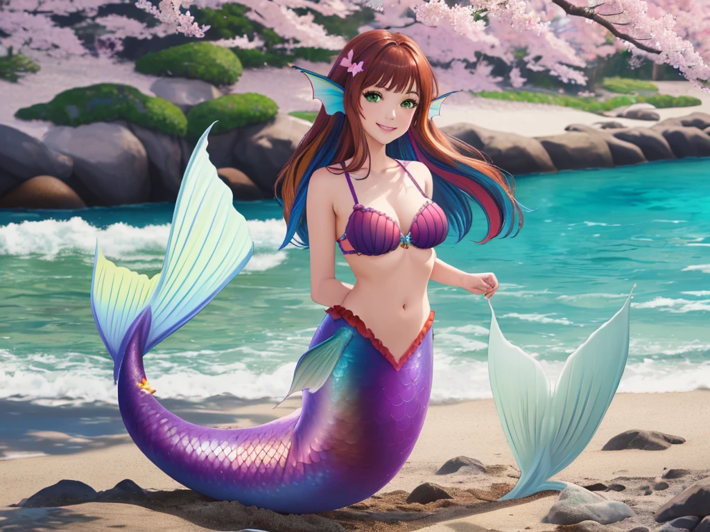 masterpiece, best quality:1.2), 1girl, smile, looking at viewer, green eyes, short brown multicolored hair, mermaid, mermaid girl, wearing purple seashell bra, laying on beach, colorful mermaid tail, outdoors, head fins, fin ears, under cherry blossoms