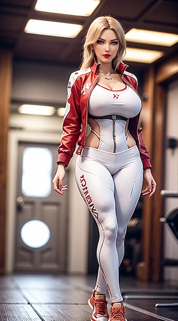 (1girl), (I am), (((super detailed face))), (wavy light blonde hair:1), (oversized ????????, ???????????? ???????????????:1.1), (cleaveage:1.5), (muscular abs:1.3), (HOLDING LARGE DUMBBELLS WITH RIGHT HAND:1.1), (rot, BRIGHT white gym clothes, open jacket, MECHA SKINTIGHT SUIT PANTS, MECHA GUARD LEGS, tennis:1.1), (THICC MUSCULOUS FEMALE BODY, shining skin, ???? long legs:1.1), (Looking at Viewer:1.3), (female focus:0.886), (walking down hallway gym:1), (BRIGHT LIGHT WHITE_room:1.3), hyper texture, unreal engine render, Physically-based rendering, ultra high def, 16K, 1080P.