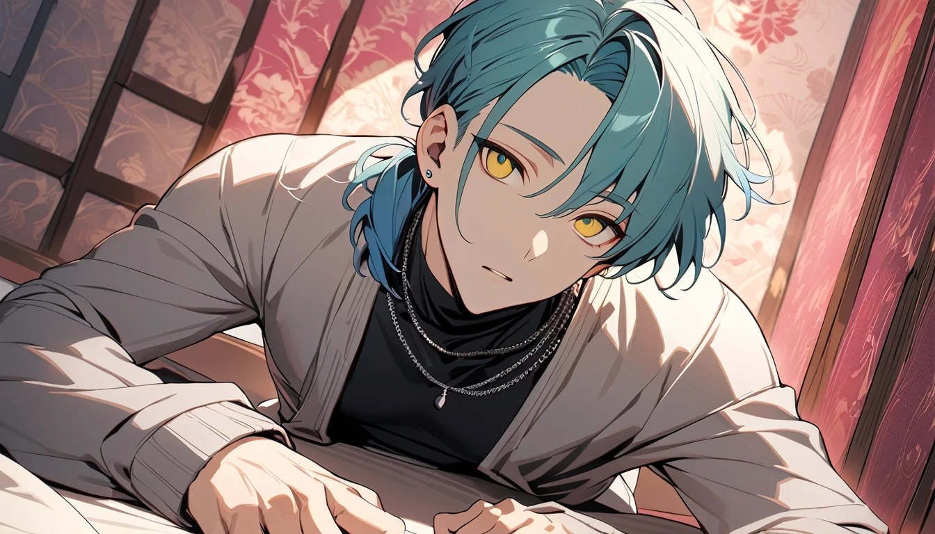 ((((best masterpiece, best quality, wallpaper,)))) solo, guy, male body, small muscles, flat chest, 1male, 30 years old, handsome man, dramatic angle, upper body, looking at viewers, beautiful detailed, Expressionless, lying down, mediumturquoise hair, ((((Lower short ponytail)))), asymmetrical bangs, ((short hair,)) (((  gold eyes, ^o^, tareme, droopy eyes,))) perfect face, extremely detailed eyes, perfect hands, sharp nose, clear face, black turtleneck, grey cardigan, ((silver piercing, simple silver necklace,)) leggings, pink background color ultrasharp, 8K, masterpiece,