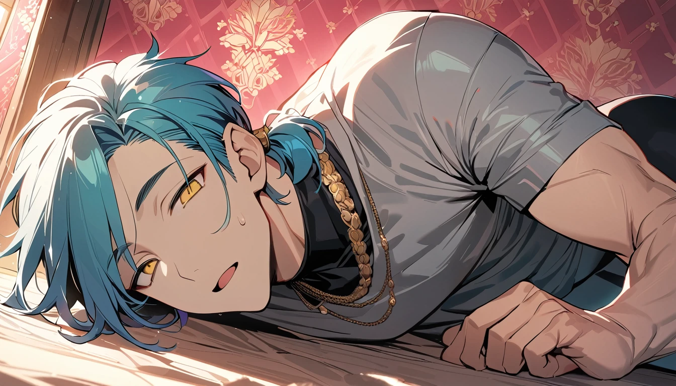 ((((best masterpiece, best quality, wallpaper,)))) solo, guy, male body, small muscles, flat chest, 1male, 30 years old, handsome man, dramatic angle, upper body, looking at viewers, beautiful detailed, Expressionless, lying down, mediumturquoise hair, ((((Lower short ponytail)))), asymmetrical bangs, ((short hair,)) ((( gold eyes, ^o^, tareme, droopy eyes,))) perfect face, extremely detailed eyes, perfect hands, sharp nose, clear face, black turtleneck, grey cardigan, ((silver piercing, simple silver necklace,)) leggings, pink background color ultrasharp, 8K, masterpiece,