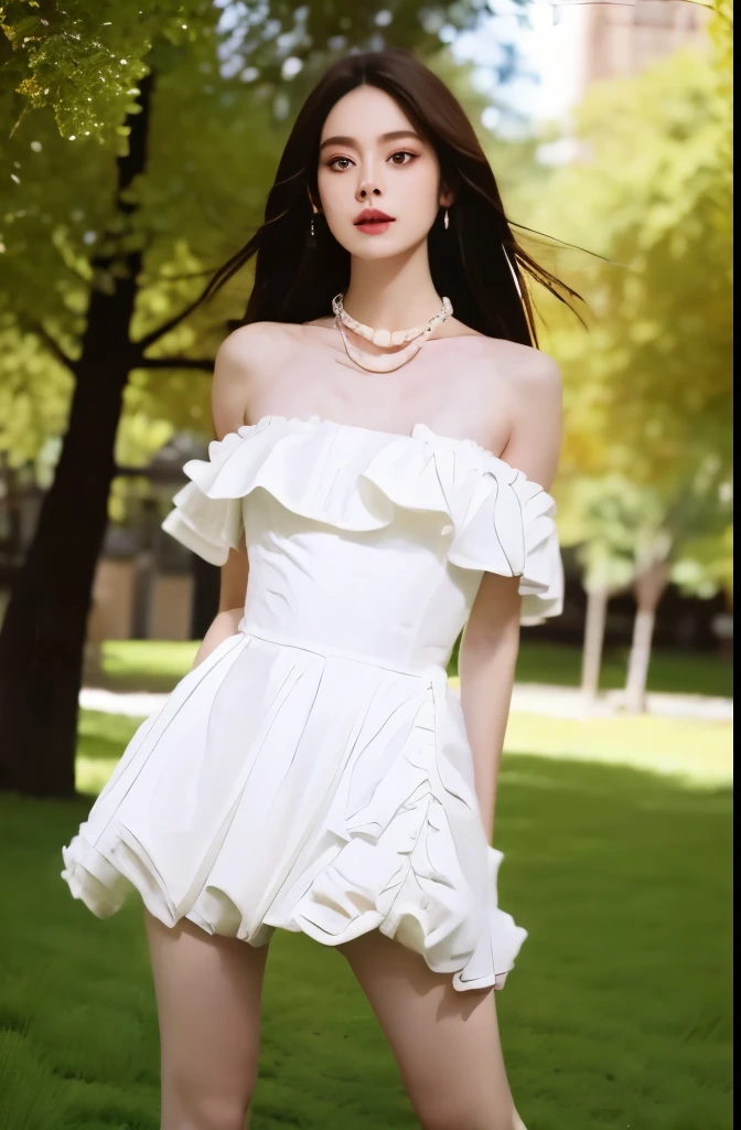 Beautiful woman with perfect body：1.4，Layered Hairstyle，Highly detailed face and skin textures，Double eyelids，Skin Whitening，Long hair，Whitened long legs，（Uniforms，Collar），Standing on the grass