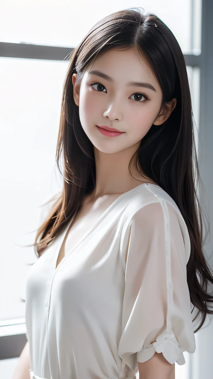 a close up of a woman in a white dress posing for a picture, smooth white tight clothes suit, gorgeous chinese model, pale milky white porcelain skin, a beautiful young woman, gorgeous young korean woman, cai xukun, beautiful south korean woman, a cute young woman, beautiful young korean woman, lovely woman, white hime cut hairstyle, ruan jia beautiful!