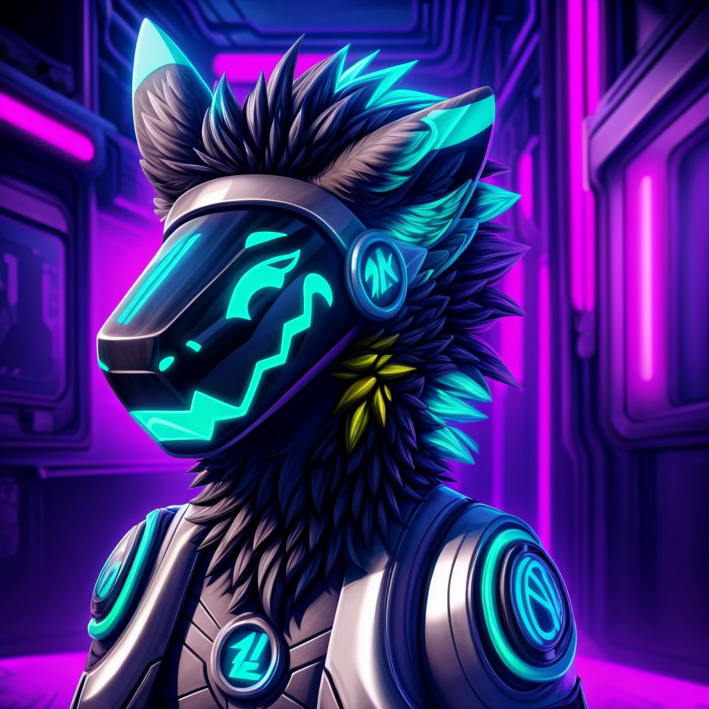 A highly detailed, intricate cyberpunk protogen, with a sleek metallic body, alluring pose, dramatic lighting, vibrant neon highlights, cinematic atmosphere, 8K, photorealistic, masterpiece