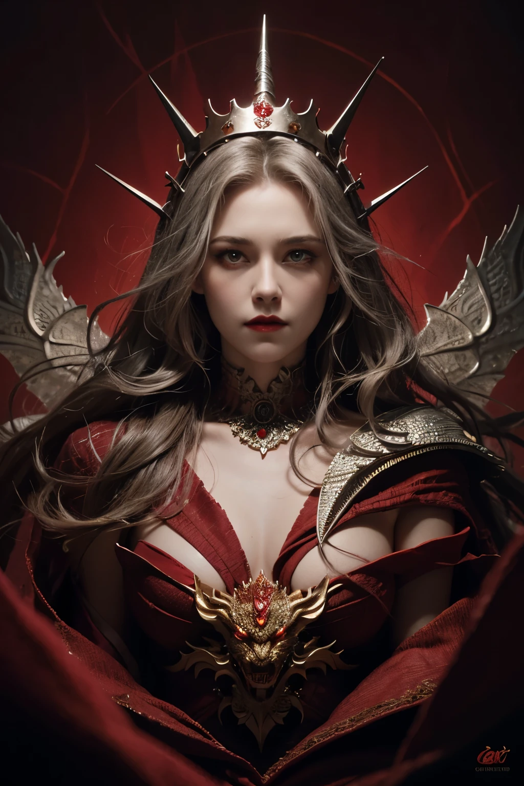 Solo, full-body photo, panorama, a female magician (Kristen Stewart, wearing a two-horned crown, long golden hair shawl, eye details depicted. Red eyes, silver scales armor, her cheeks have silver dragon scales and dragon decoration, looks natural and powerful, black eyeliner, her red lips look intimidating and majestic with a sharp and prominent chin, confident and majestic, red scales long cape, she looks like a mythical dragon, intimidating, dark red lipstick with tall figure, charming, charming, lust, mythical style, dragon scales, scales, evil), complex background (medieval fantasy style, burning castle, blood red sky), Facial Details (1.3) Eye Detail, Cinematic Lighting, Panorama, Projected Inset, UHD, Masterpiece, (Best Quality), (Best Illustration), (Best Shadow), Ccurate, Textured Skin, High Quality, High Details, Super Detail, Award Winning, Best quality, highres, anatomically correct, 8k, close-up, backlighting, metallic