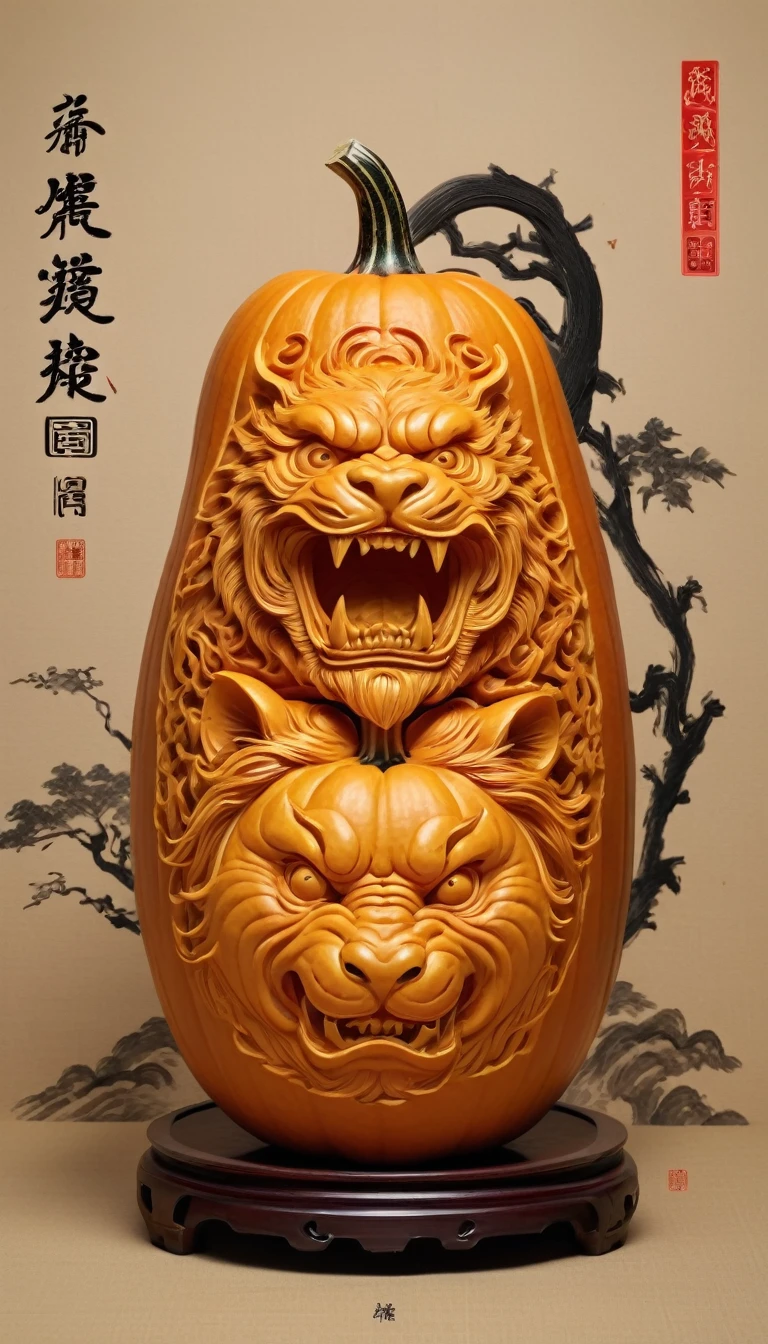 Pumpkin Carving Design Styles,Four divine beasts, Qi Baishi and Chen Longque、Chen Dingbo's dynamic illustration pumpkin carving, Octane Rendering, (best quality, masterpiece, representative work, Official Art, professional, 8K:1.3)