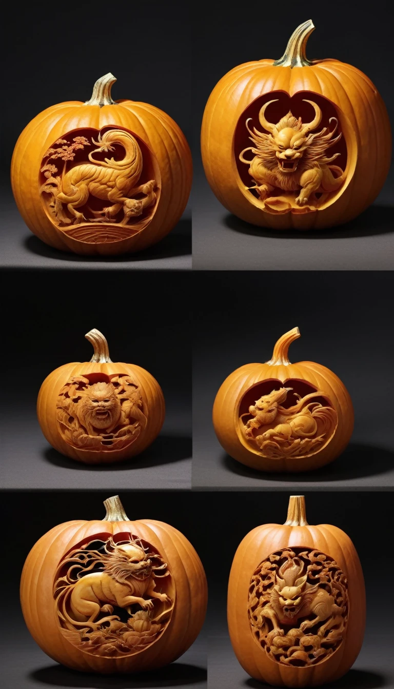 Pumpkin Carving Design Styles,Four divine beasts, Qi Baishi and Chen Longque、Chen Dingbo's dynamic illustration pumpkin carving, Octane Rendering, (best quality, masterpiece, representative work, Official Art, professional, 8K:1.3)