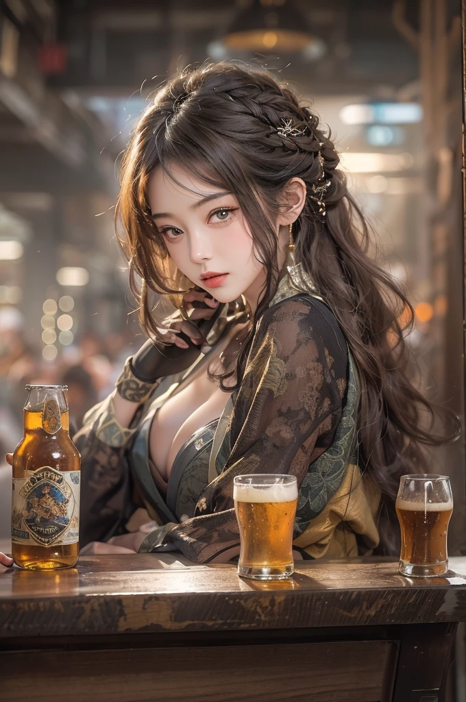 (masterpiece:1.3), (8K, Realistic, RAW Photos, Best image quality: 1.4), Japanese 、18-year-old,(Random Hairstyles:1.2)、Cleavage:1.2、Highly detailed face、Attention to detail、double eyelid、Chest to chest、Sharp focus:1.2、Beautiful woman:1.4、Light brown hair、Highest quality、masterpiece、Ultra-high resolution、(Realistic:1.4)、Highly detailed and professionally lit smiles、Loose fitting steampunk outfit、Shoulder out、thin、Serious expression、drinking beer at bar