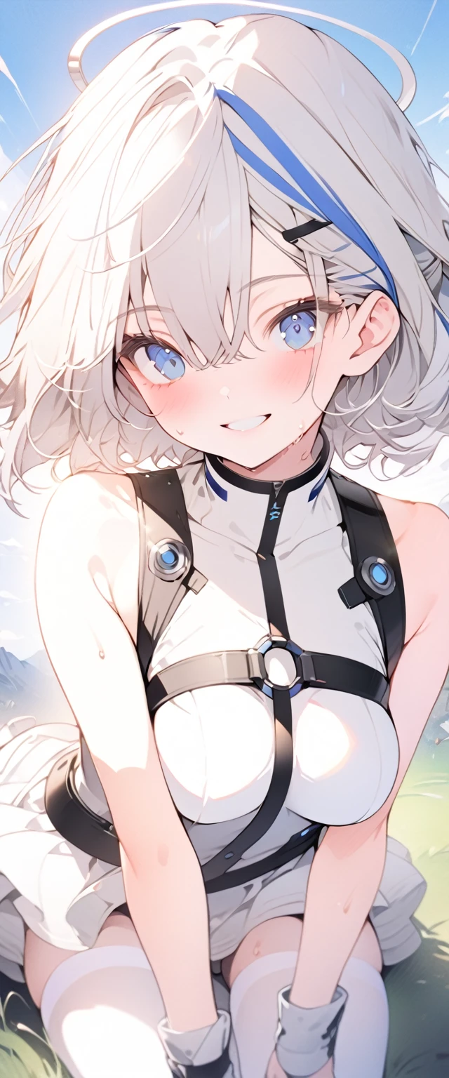 beautiful, masterpiece, Highest quality, anime, One girl, C Cup,Portrait Shot, View your viewers, Covered、Short Hair、nearby、Blue Eyes、art、、White hair,Blue streaked hair、hairpin、Cute smile、Thighs、Cute、blue sky、Beautiful breasts、Full Harness、valley、Sweat、Under Harness、Body Harness、Tightening、Penetration、white_Sci-fi combat uniform、white_Sci-fi underskirt、pierced、See-through_navel、white_Body stockings、grass、black_garter、white_Full tights
