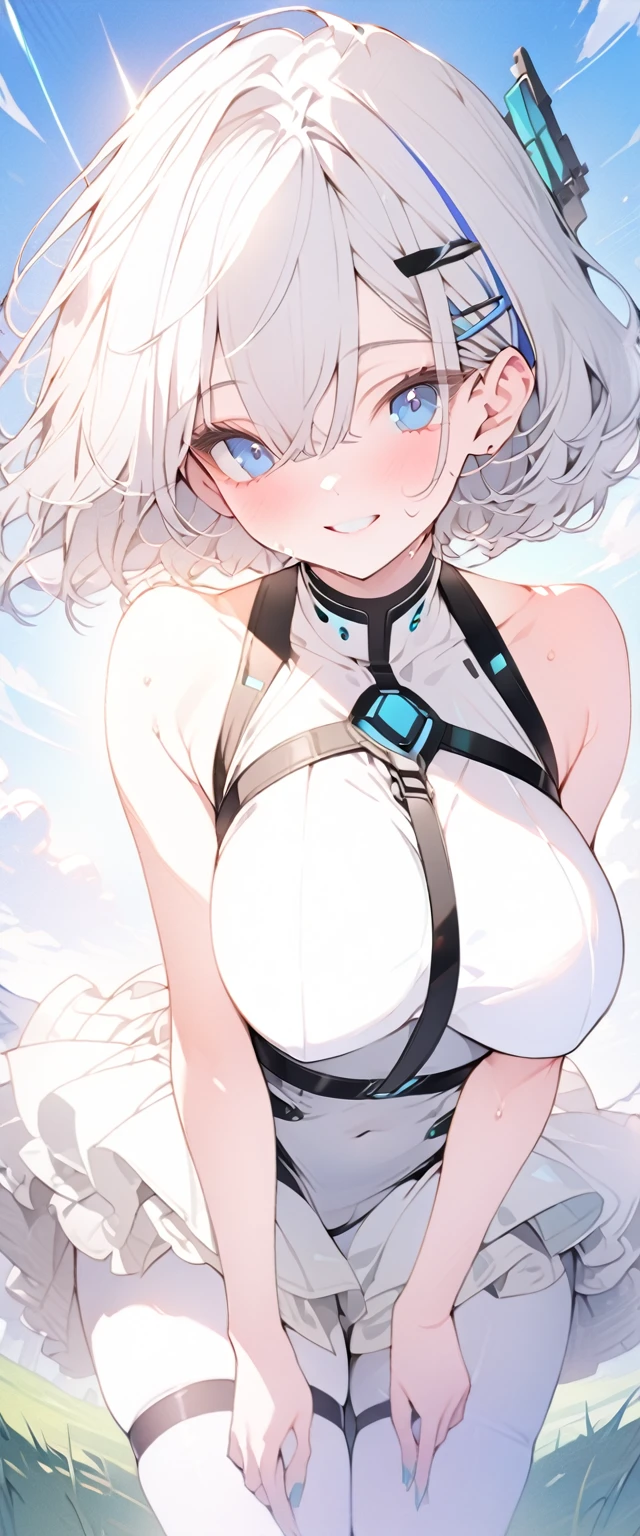 beautiful, masterpiece, Highest quality, anime, One girl, C Cup,Portrait Shot, View your viewers, Covered、Short Hair、nearby、Blue Eyes、art、、White hair,Blue streaked hair、hairpin、Cute smile、Thighs、Cute、blue sky、Beautiful breasts、Full Harness、valley、Sweat、Under Harness、Body Harness、Tightening、Penetration、white_Sci-fi combat uniform、white_Sci-fi underskirt、pierced、See-through_navel、white_Body stockings、grass、black_garter、white_Full tights