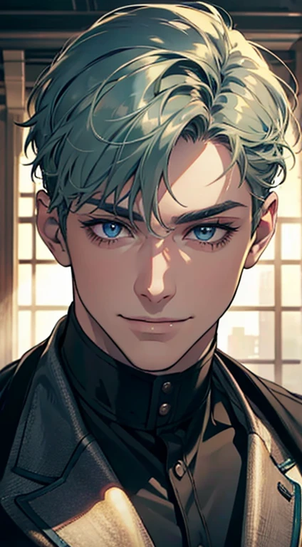 a mature man with short grey green hair, blue eyes, and a perfect face, smiling in love, CEO, cinematic lighting, 1:4 HDR image, top view, ultra detailed, best quality, masterpiece, 8K, photorealistic, beautiful image
