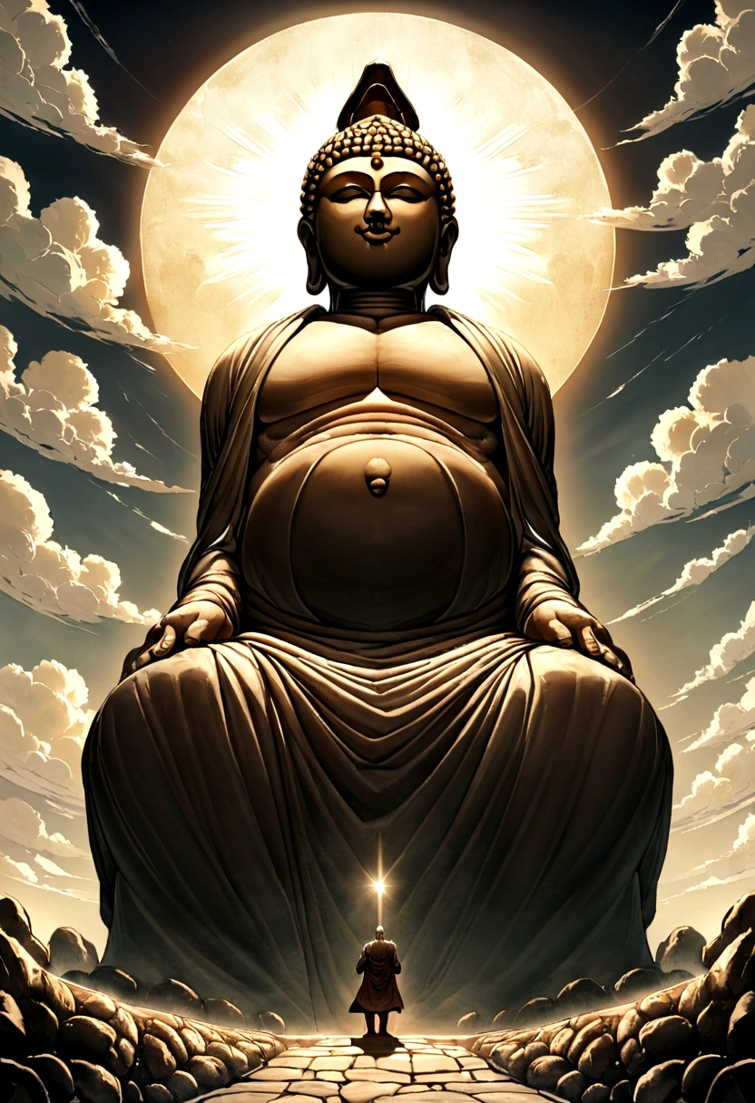 look up,BDO Arts,"huge silent sculpture of the head of tathagata" and a tiny human,huge,Has the avatar of Tathagata Buddha with mysterious power,Extraterrestrial or unknown origin,maker,mysterious power
,With extreme、unusual or unpredictable qualities,huge,Closed,Clam up,Inspired by Sci-Fi Movie《dune》,The contrast between huge and tiny is presented with the ultimate visual aesthetics and music:The almost god-like "Tathagata Buddha's head",Vast desert environment,megabuildings、huge几何线条,All of them highlight the insignificance of human beings and the infinity of the universe.。Mist background,Movie,Epic graphics,grand,Small human beings