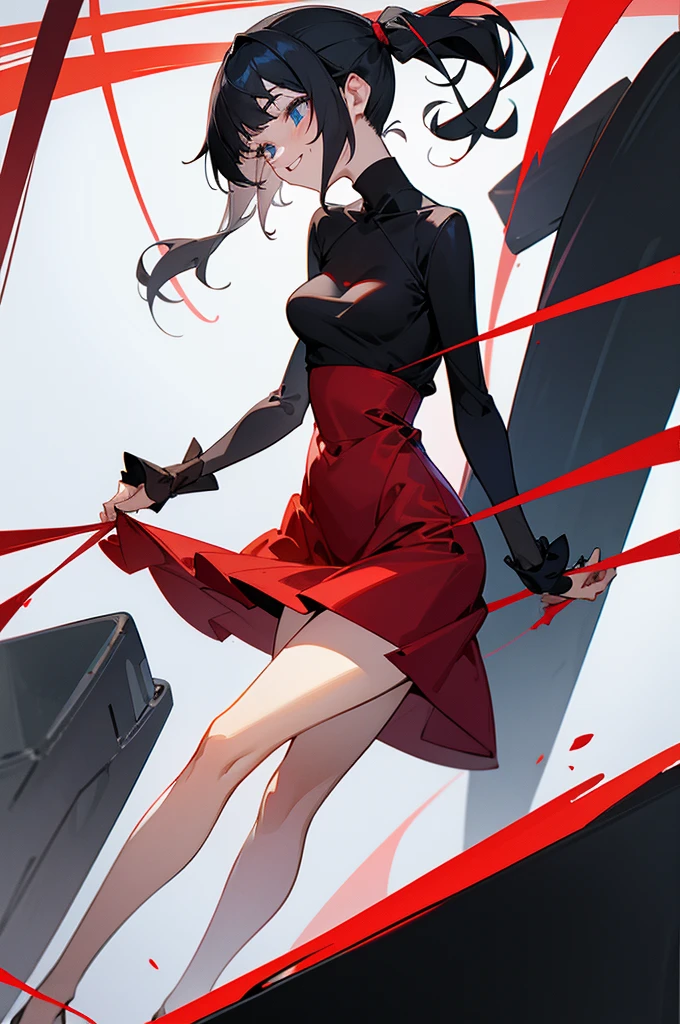Vertical painting on the front,Black hair mixed with gray hair,dark blue eyes,short hair with pigtails,wearing a red dress, a big smile, a cheerful expression, white silk,A black line,big legs,slender woman,cute woman, nigth,alleys, medium breasts