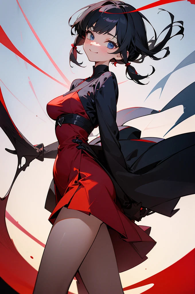 Vertical painting on the front,Black hair mixed with gray hair,dark blue eyes,short hair with pigtails,wearing a red dress, a big smile, a cheerful expression, white silk,A black line,big legs,slender woman,cute woman, nigth,alleys, medium breasts