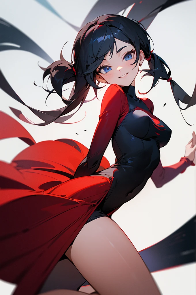 Vertical painting on the front，Black hair mixed with gray hair，dark blue eyes，short hair with pigtails，wearing a red dress, a big smile, a cheerful expression, white silk，A black line，big legs，slender woman，cute woman, nigth，alleys, medium breasts