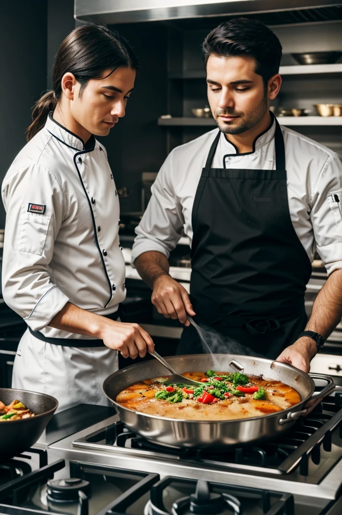 A chef or person cooking on a stove, with a steaming pan or pot.