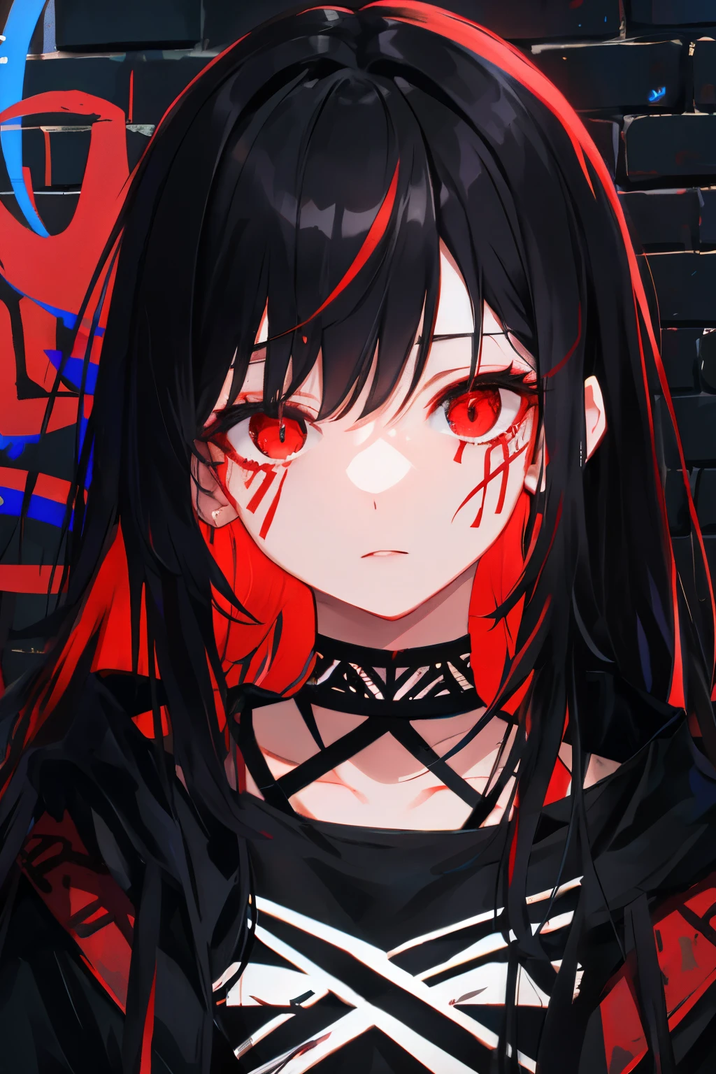 best quality, intricate details, chromatic aberration, 

1girl, long hair, black hair, messy hair, red highlights, hair over one eye, red eyes, sharp eyes, 

choker, neon shirt, torn legwear, open jacket, 

against wall, brick wall, graffiti, glowing grafiti, glowing tattoos, glow, neon lights, 


blacklight,  