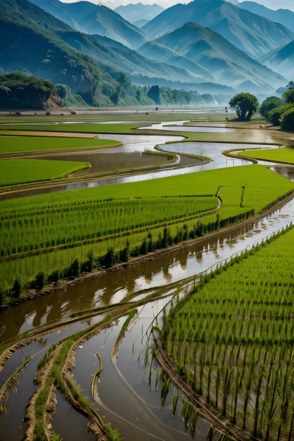 Mountains with flowing rivers and expansive rice fields