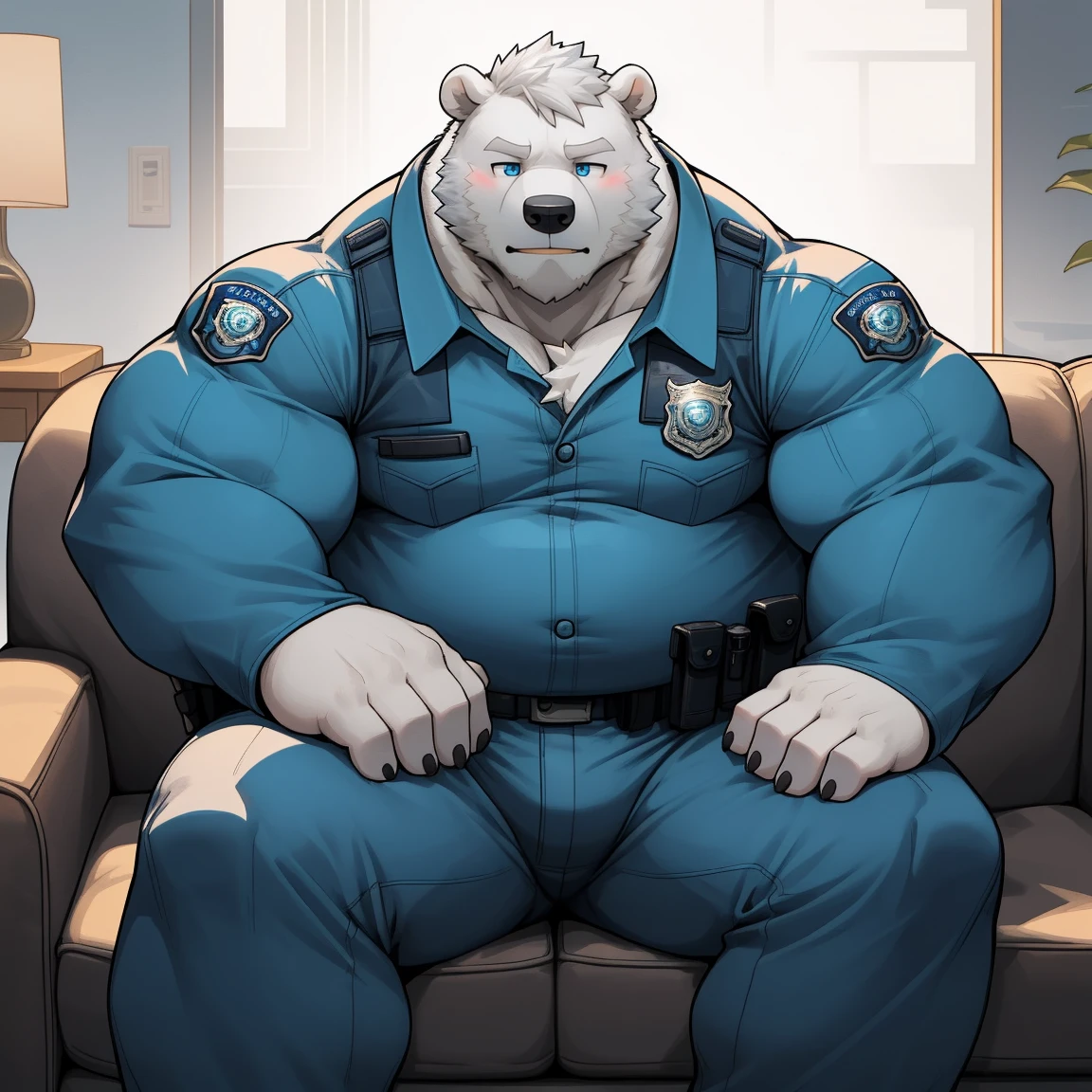 masterpiece, best quality, 8k resolution, Very detailed, hairy，(((polar bear))，(((Mature)))，(((beard))),(((fat)))，(((White hair all over body)))，(((portrait)))，(((White hair)))，(((tired)))，For the audience，(((Police Uniform))),(((Sitting on the sofa)))，(((Tired)))，Highest quality scene，(((whole body)))，((( Blue Eyes))),(((Legs apart)))，(((Fat-enclosed muscle)))，(((Round face)))，(((alone)))，(((Strong body)))，(((Hip bulge)))，(((Long-sleeved)))