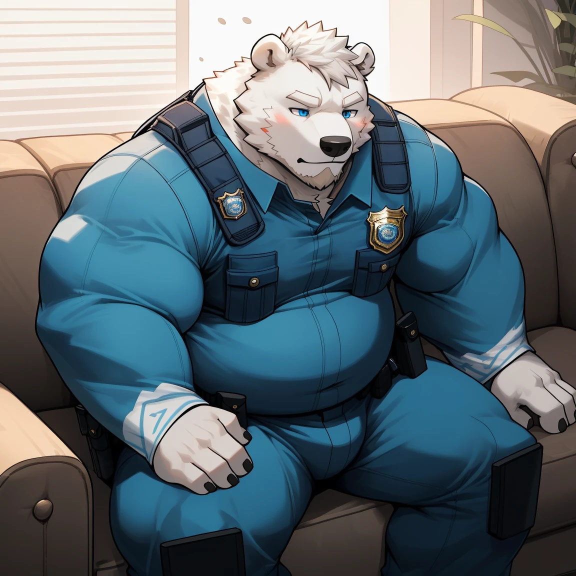 masterpiece, best quality, 8k resolution, Very detailed, hairy,(((polar bear)),(((Mature))),(((beard))),(((fat))),(((White hair all over body))),(((portrait))),(((White hair))),(((tired))),For the audience,(((Police Uniform))),(((Lying on the sofa))),(((Tired))),Highest quality scene,(((whole body))),((( Blue Eyes))),(((Legs apart))),(((Fat-enclosed muscle))),(((Round face))),(((alone))),(((Strong body))),(((Hip bulge))),(((Long-sleeved)))