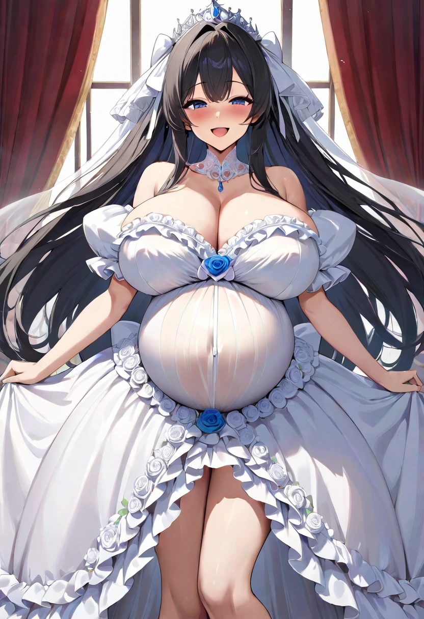 (((Beautiful, masutepiece, Best Quality, ultra-detailliert,))) 1 adult woman,Pregnant,Wedding ((Princess Dress,long frill,big frill,Long hair,))twin drills,Black hair,Hair Ribbon,Smile,smile shy, gigantic breasts,Open mouth,