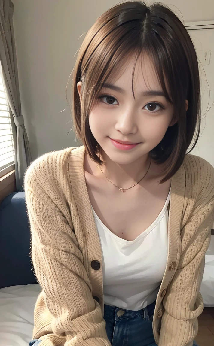 Cute 21 years old Japan、college、study、Super Detail Face、Eye of Detail、double eyelid、beautiful thin nose、sharp focus:1.2、prety woman:1.4、(light brown hair,short-haired、),fair white skin、top-quality、​masterpiece、超A high resolution、(Photorealsitic:1.4)、Highly detailed and professional lighting smile、Red cardigan、