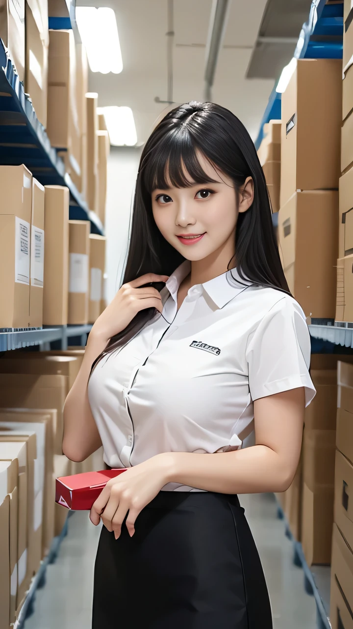 1 lady only, office worker, /(Casual Shirt Pencil Skirt/), /(Black Hair/) Bangs, Blushing friendly smile, (Masterpiece Best Quality:1.2) Extremely detailed, Large Breasts, Lower your armsBREAK (Supply Room Office) indoors, cardboard box, (Steel storage racks)