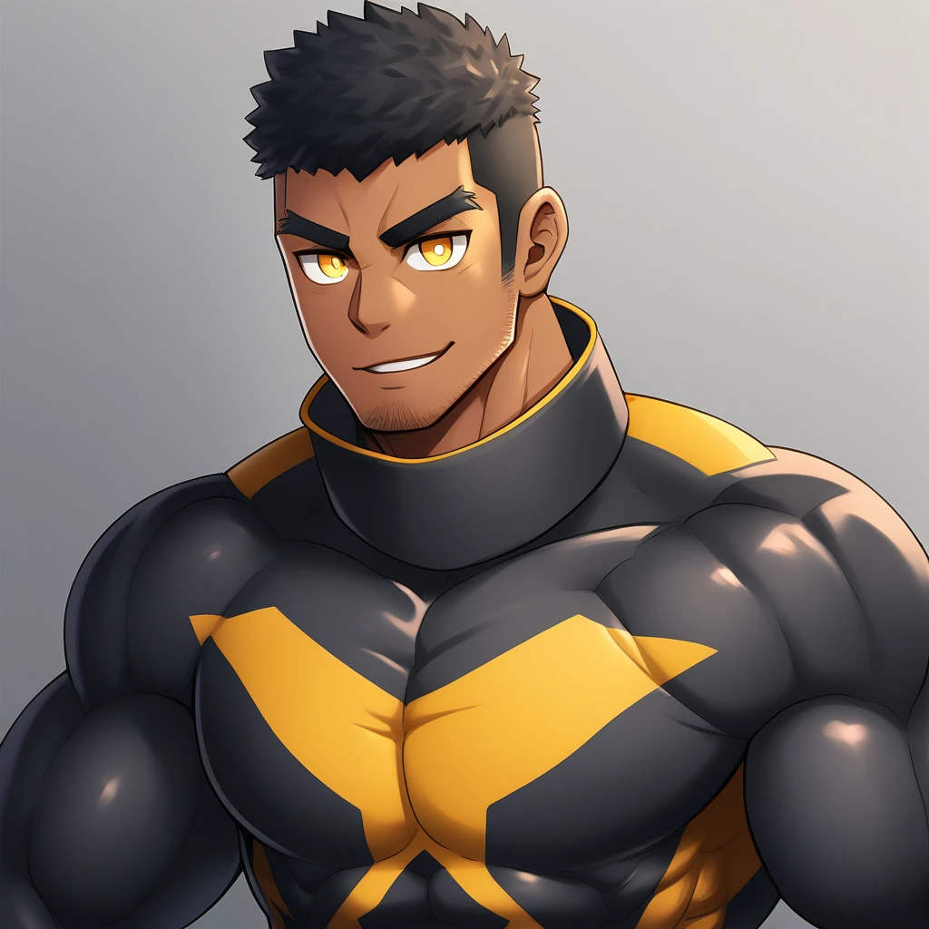 anime characters:Gyee, Muscle Sports Student, negro black skin, 1 dark skin muscular tough guy, Manliness, male focus, Dark grey high collar long sleeve wetsuit, Matte texture, Very tight, Round, full and perky chest muscles, Slightly transparent, muscular male, muscular, only, Upper body, alone, Black short hair, Thick eyebrows, stubble, Yellow eyes, Grey background, simple background, amazing quality, best aesthetics, Ridiculous, bright pupils, crew cut, parted lips, seductive smile, torogao, naughty face, best quality