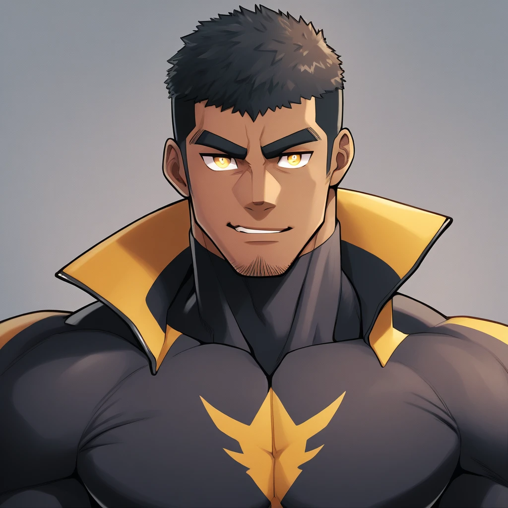 anime characters:Gyee, Muscle Sports Student, negro black skin, 1 dark skin muscular tough guy, Manliness, male focus, Dark grey high collar long sleeve wetsuit, Matte texture, Very tight, Round, full and perky chest muscles, Slightly transparent, muscular male, muscular, only, Upper body, alone, Black short hair, Thick eyebrows, stubble, Yellow eyes, Grey background, simple background, amazing quality, best aesthetics, Ridiculous, bright pupils, crew cut, parted lips, seductive smile, torogao, naughty face, best quality