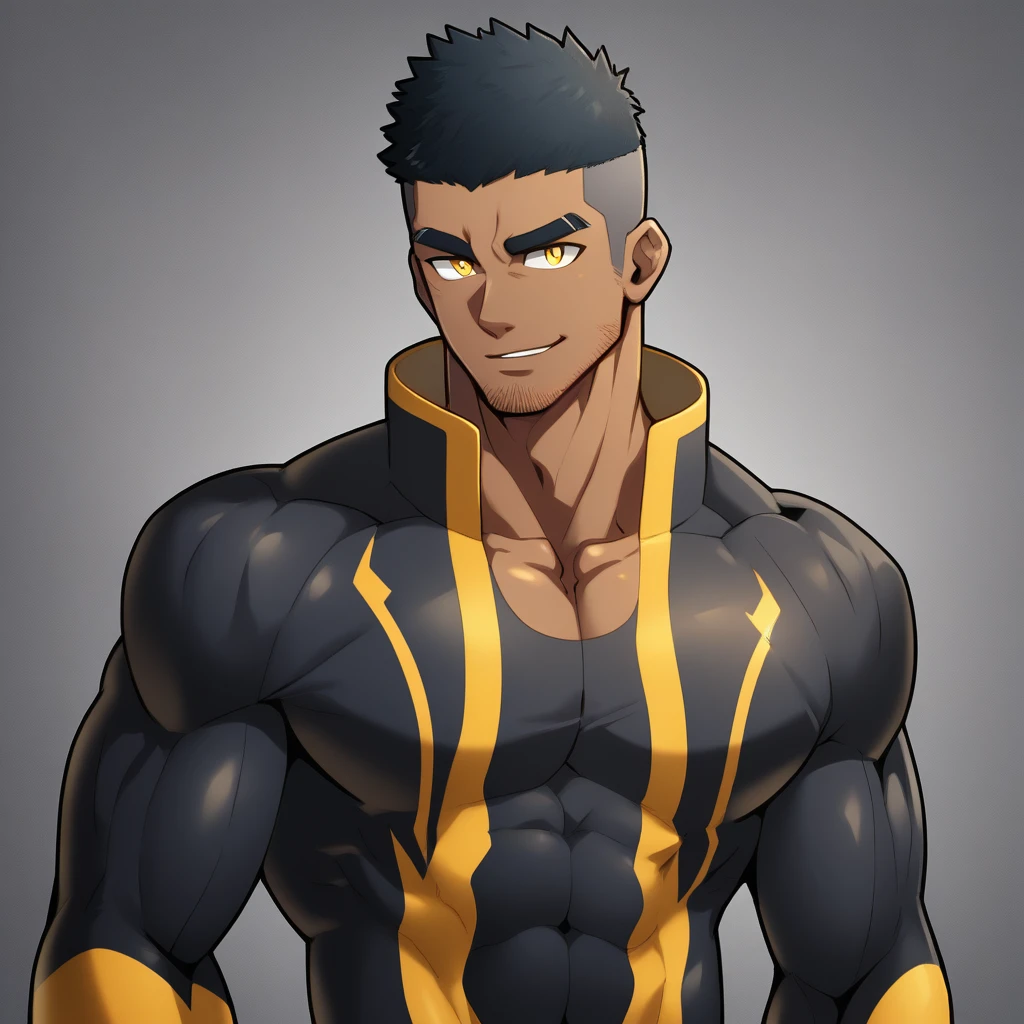 anime characters:Gyee, Muscle Sports Student, negro black skin, 1 dark skin muscular tough guy, Manliness, male focus, Dark grey high collar long sleeve wetsuit, Matte texture, Very tight, Round, full and perky chest muscles, Slightly transparent, muscular male, muscular, only, Upper body, alone, Black short hair, Thick eyebrows, stubble, Yellow eyes, Grey background, simple background, amazing quality, best aesthetics, Ridiculous, bright pupils, crew cut, parted lips, seductive smile, torogao, naughty face, best quality