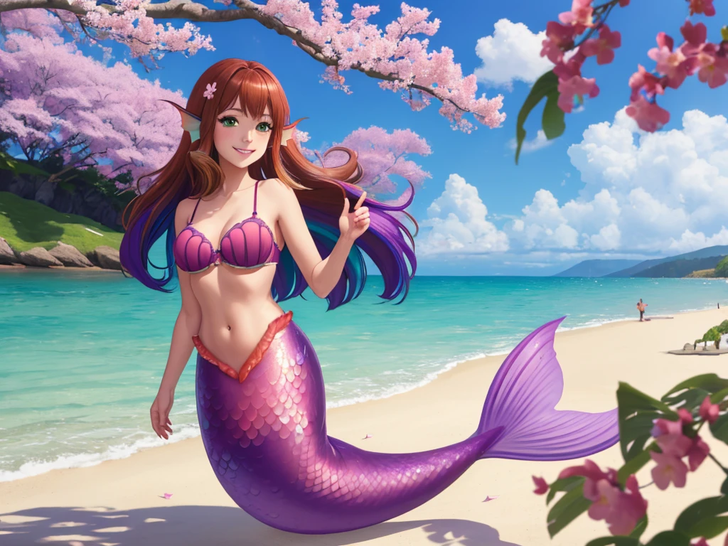 masterpiece, best quality:1.2), 1girl, smile, looking at viewer, green eyes, short brown multicolored hair, mermaid, mermaid girl, wearing purple seashell bra, laying on beach, colorful mermaid tail, outdoors, head fins, fin ears, under cherry blossoms