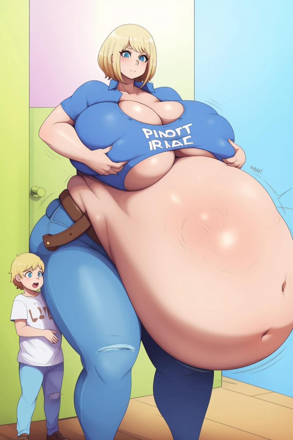 Beautiful cute thicc curvy busty blonde wide hips huge belly jeans belt mother and son. Cute couple, the son is hugging her belly
