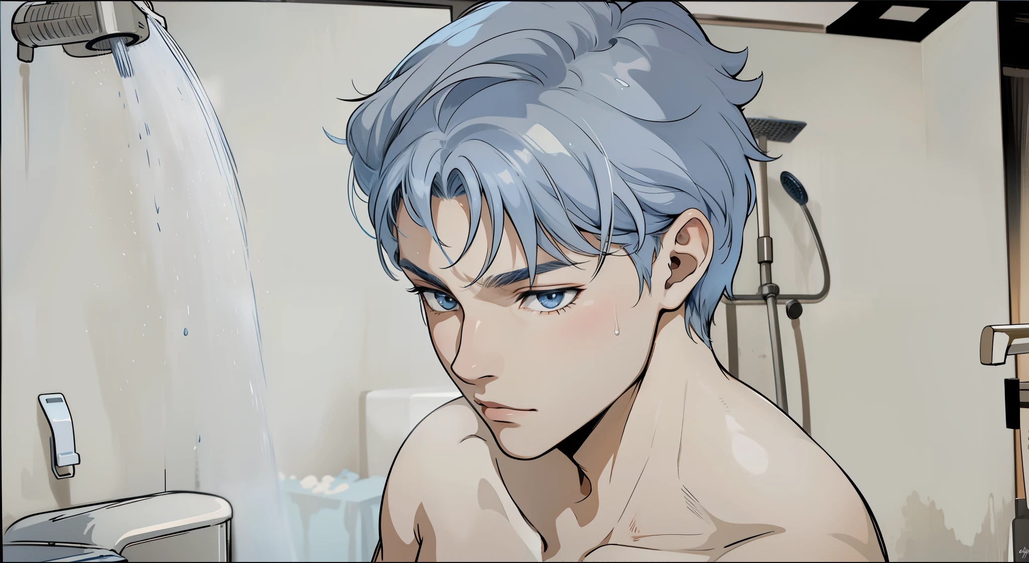 blue water falls from the shower young man, 17 years old, gray hair, he is taking a shower, he feels that someone is approaching from behind him.