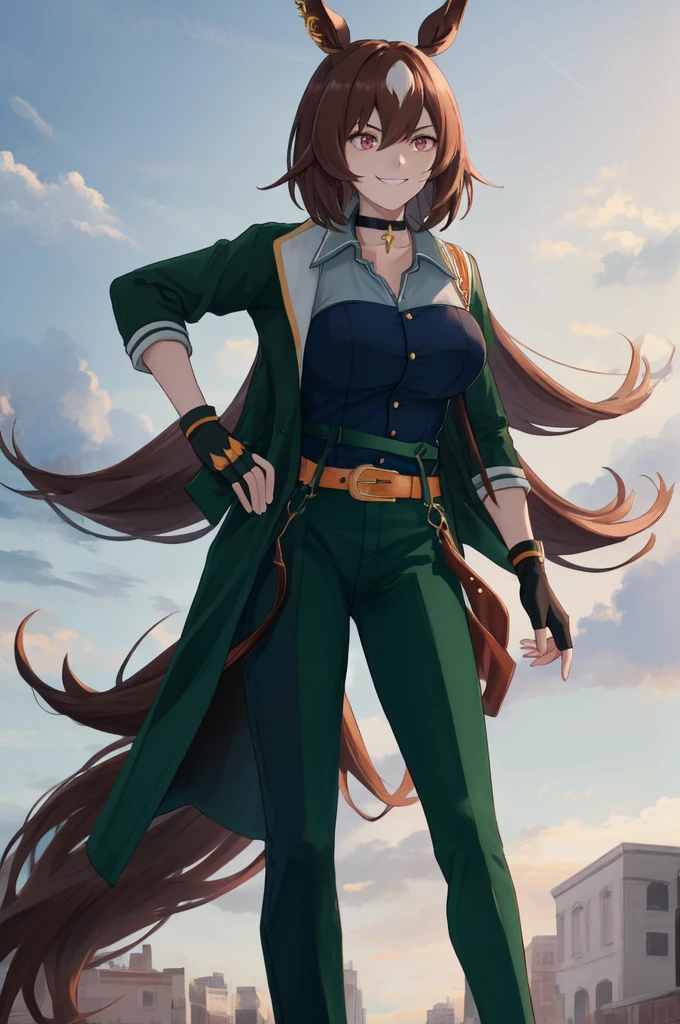 ,1 personの女の子,smile, View your viewers,masterpiece,Highest quality,masterpiece, Highest quality, 1 person,( Are standing, View your audience,),Detailed Background、A person who writes in detail、Accurate human body、Knowledgeable person、Accurate 5 fingers,Cruby Body,((Large Breasts)),sirius symboli, horse ears, horse tail,green jacket, collared shirt, fingerless gloves, green pants, choker, belt