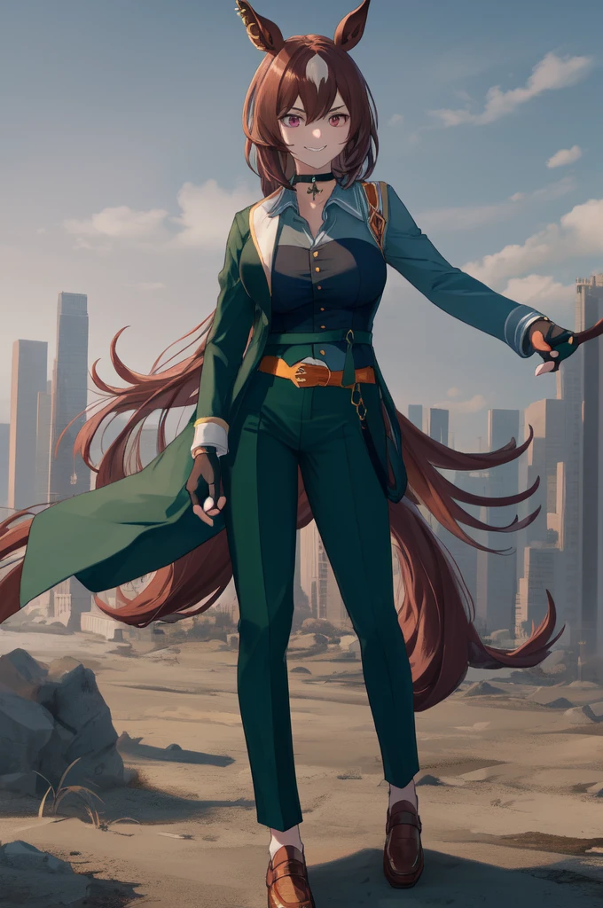 ,1 personの女の子,smile, View your viewers,masterpiece,Highest quality,masterpiece, Highest quality, 1 person,( Are standing, View your audience,),Detailed Background、A person who writes in detail、Accurate human body、Knowledgeable person、Accurate 5 fingers,Cruby Body,((Large Breasts)),sirius symboli, horse ears, horse tail,green jacket, collared shirt, fingerless gloves, green pants, choker, belt
