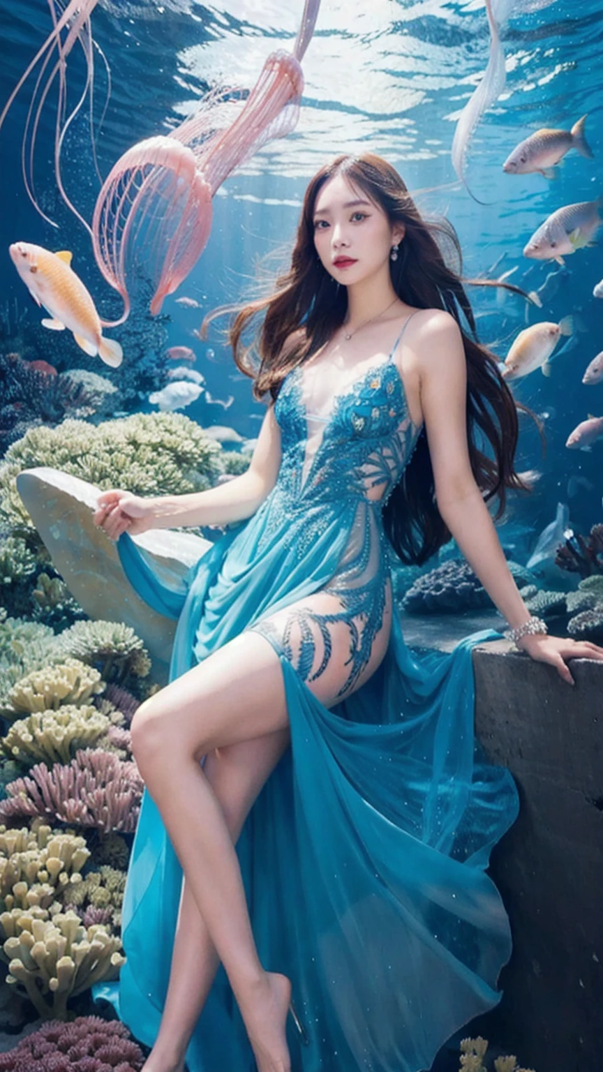 Beautiful woman, Jellyfish Dress, whole body, View your viewers, 
Tattoo Skin, Fish scales, deep sea, Very detailed, 
Adrian&#39;s genius, Try Andrews, Jenny Saville, Edward Hopper, James Jean, takato yamamoto,
masterpiece, Ultra-high resolution, high quality, 4K, photograph, (photographrealistic:1.2),