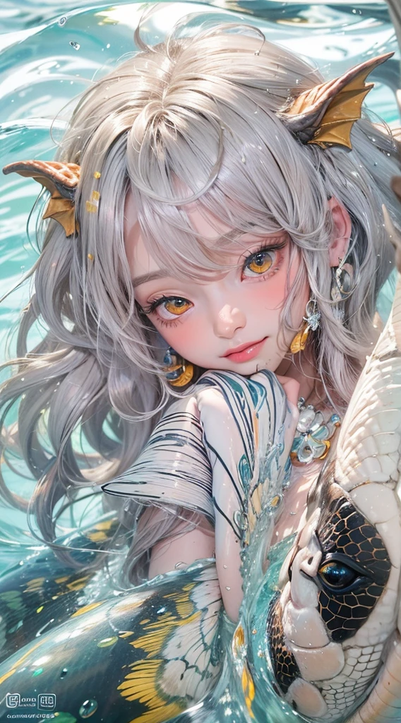 Low Teen Girl, 10 years old, Dragon Princess, (Highest quality realistic textured skin),(terrible),(Understood, round, Symmetrical eyes),Delicate facial features,(Burning bright cold eyes), She has beautiful tiger eyes, Very slim and slender figure, naked, nude, (She has a mischievous smile),(Her face is kind and beautiful),Glass earrings in the ears,,(blonde),(Silvery white hair),(Chestnut Hair),(Swim at the bottom of the ocean),(Full body portrait:1.5),(Dramatic Photos:1.4),(Dramatic Pose),(Flashy photos)(look up),(Looking down),(Around her neck is a simple necklace made with exquisite craftsmanship.),Cluttered photos,(Hair flowing in water:1.5),(Underwater, Life at sea, 美しいCoral Reef, fish),(Background vortices and currents),(Dramatic Light),(Nice views),(Surrounded by beautiful dragons),遠くの背景にはCoral Reefに沈んだ寺院が見える,Coral Reef,Spectacular realism,Cinematic atmosphere,(High-density image review:1.5),(Soft colors:1.2),Very detailed,Dramatic Light,(Intricate details:1.1),Complex background,
