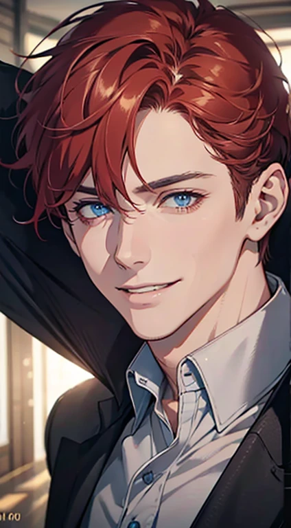 a mature man with short grey red hair, blue eyes, and a perfect face, smiling in love, CEO, cinematic lighting, 1:4 HDR image, top view, ultra detailed, best quality, masterpiece, 8K, photorealistic, beautiful image