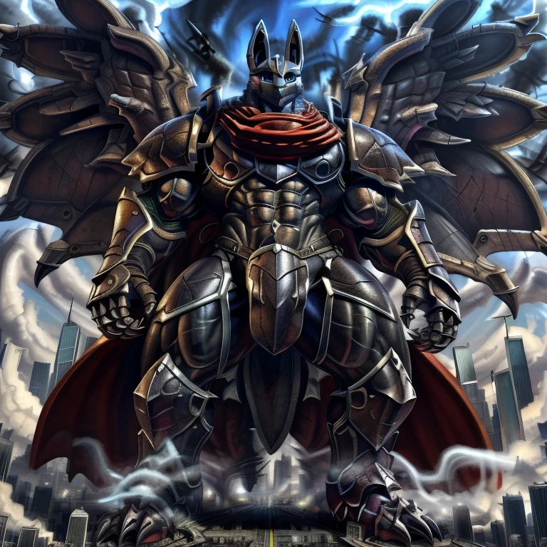 (masterpiece. official art. 8k. best quality. detailed full body. full body.)
(situation 1 : dominating LUCARIO. LUCARIO is over 1000 meters long. focus GIANT mechanical Muscular LUCARIO is trampling the city. Looking down. macro. stomp. Low-angle perspective. emphasizing the immense size.)
(situation 2 :smoke and flames rising from the destruction in the city)
(Additional details 1: BlackKnight_fe. Armor. Cape. Helmet.. high-tech bio-mecha armor. real texture material. whole body shines like metal. Wearing cyberpunk mecha. emphasizes the muscles. suit fully made of metal. intricate armor. Robotic suit. suit fully made of metal. cyborg. Powered exoskeleton with the same design as LUCARIO).
(Additional details 2: Detailed head. Detailed Body. Detailed abs. gigantic muscles. HYPER MUSCLES. Gigachad Muscular. big muscle. pecs. triceps. traps. unusually developed muscular body. body full of huge muscles. showing off muscles. pectorales enormes. Exaggeratedly huge muscles. huge muscles. long legs.).
(Additional details 3: nj5furry, Spread wings. It has wings. black have big wings. The claws are sharp. Sharp teeth.).
(Additional details 4: tiny thong, metallic color: jet black thong. bulge in the crotch.)