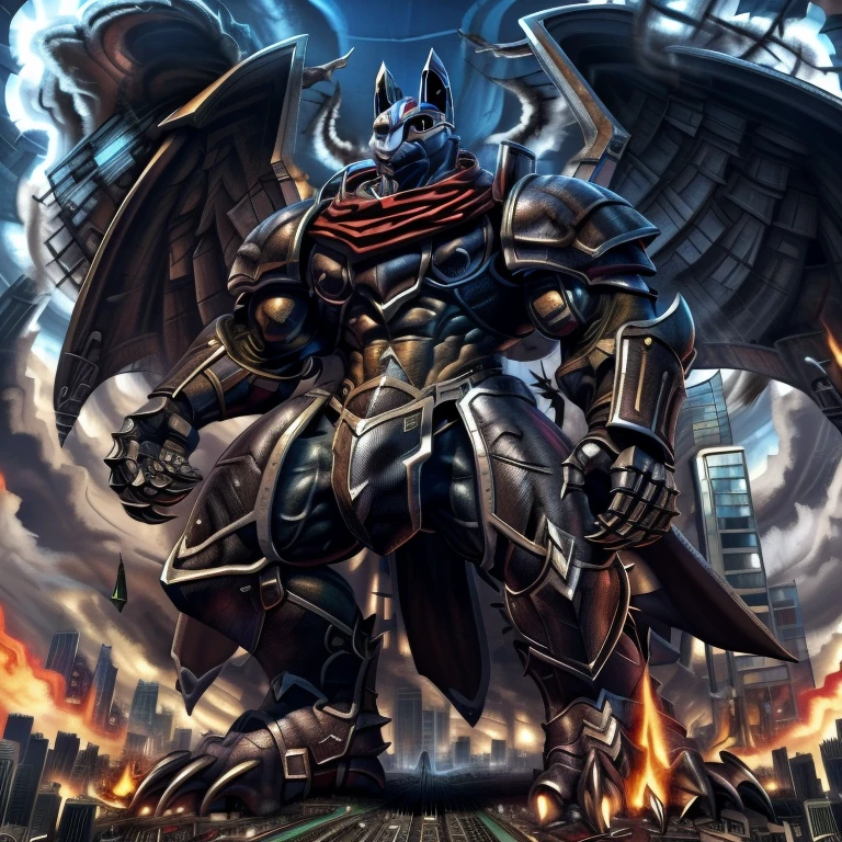 (masterpiece. official art. 8k. best quality. detailed full body. full body.)

(situation 1 : dominating LUCARIO. LUCARIO is over 1000 meters long. focus GIANT mechanical Muscular LUCARIO is trampling the city. Looking down. macro. stomp. Low-angle perspective. emphasizing the immense size.)

(situation 2 :smoke and flames rising from the destruction in the city)

(Additional details 1: BlackKnight_fe. Armor. Cape. Helmet.. high-tech bio-mecha armor. real texture material. whole body shines like metal. Wearing cyberpunk mecha. emphasizes the muscles. suit fully made of metal. intricate armor. Robotic suit. suit fully made of metal. cyborg. Powered exoskeleton with the same design as LUCARIO).

(Additional details 2: Detailed head. Detailed Body. Detailed abs. gigantic muscles. HYPER MUSCLES. Gigachad Muscular. big muscle. pecs. triceps. traps. unusually developed muscular body. body full of huge muscles. showing off muscles. pectorales enormes. Exaggeratedly huge muscles. huge muscles. long legs.).

(Additional details 3: nj5furry, Spread wings. It has wings. black have big wings. The claws are sharp. Sharp teeth.). 

(Additional details 4: tiny thong, metallic color: jet black thong. bulge in the ??????.)