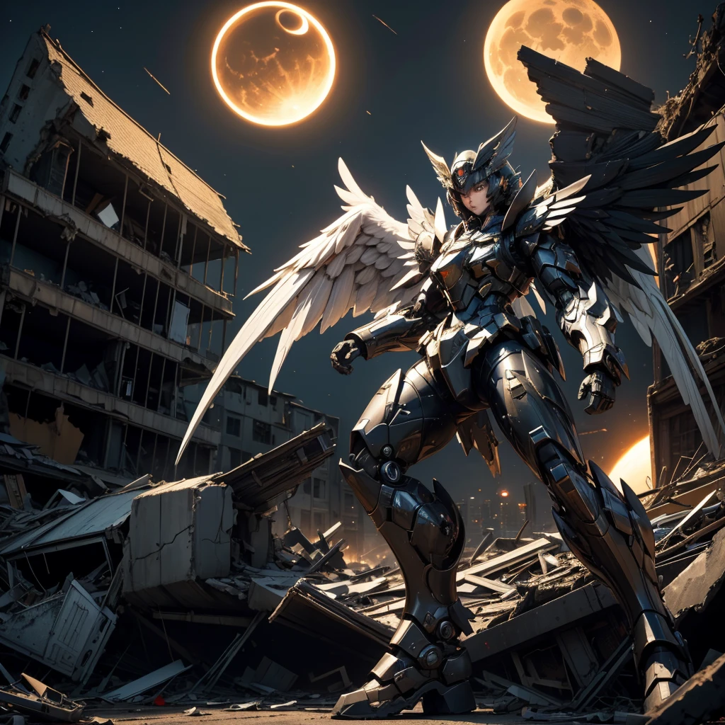 female mecha wings of angel, in black armor, in a destroyed city, the night, with an eclipse in the background