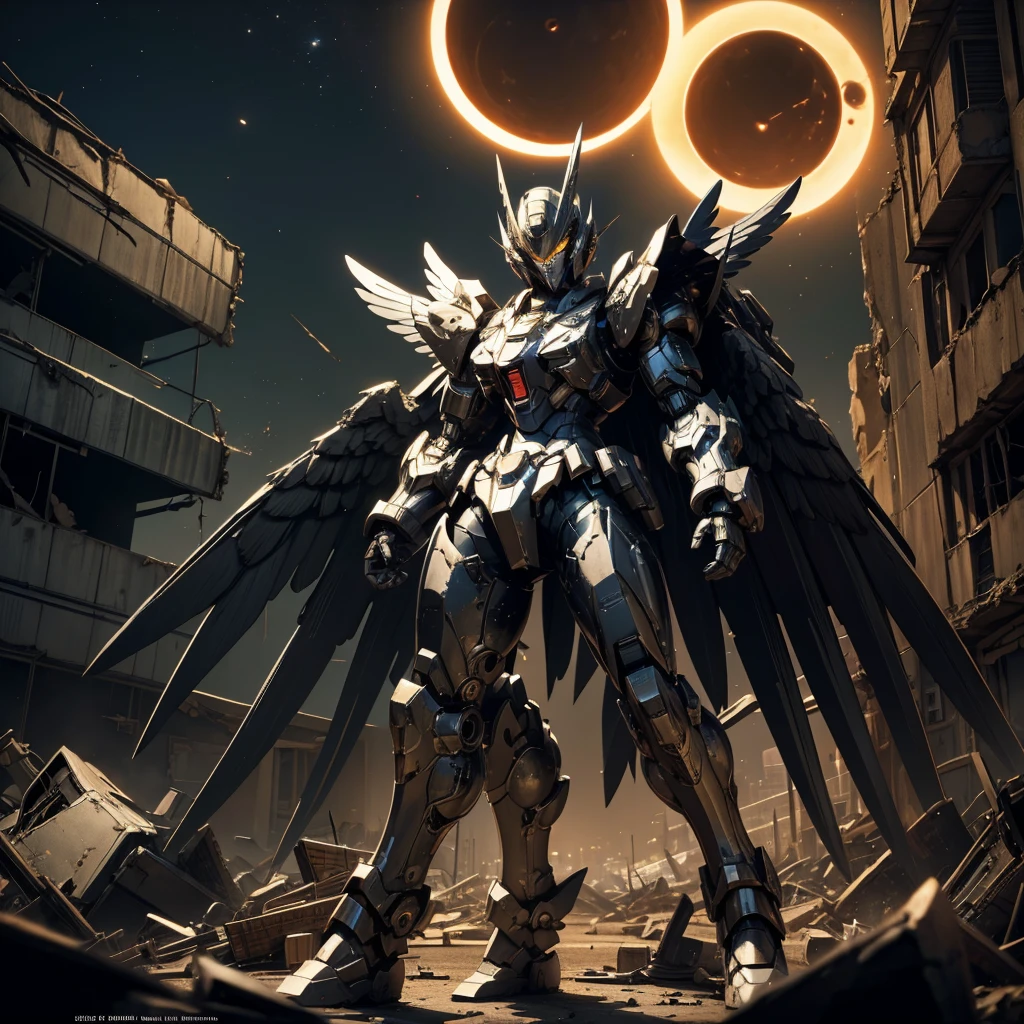 female mecha wings of angel, in black armor, in a destroyed city, the night, with an eclipse in the background