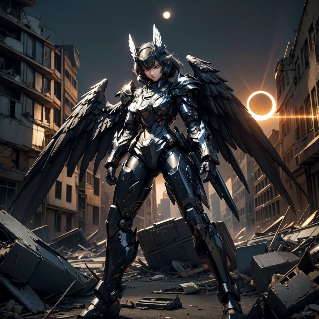 female mecha wings of angel, in black armor, in a destroyed city, the night, with an eclipse in the background