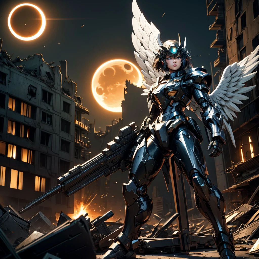 female mecha wings of angel, in black armor, in a destroyed city, the night, with an eclipse in the background