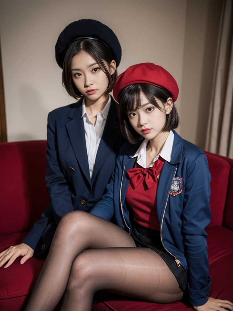 masterpiece, Highest quality, High resolution, Akana, Akana, short hair, beret, Red eyes, Blue hat, Red bow tie, Collared shirt, Blue jacket, Open jacket, Long sleeve, Grey Skirt, Matte black pantyhose、room, Sitting, Crossing your legs, sofa, 16k, realistic