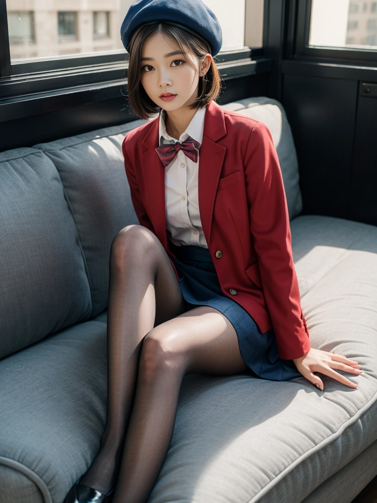 masterpiece, Highest quality, High resolution, Akana, Akana, short hair, beret, Red eyes, Blue hat, Red bow tie, Collared shirt, Blue jacket, Open jacket, Long sleeve, Grey Skirt, Matte black pantyhose、room, Sitting, Crossing your legs, sofa, 16k, realistic