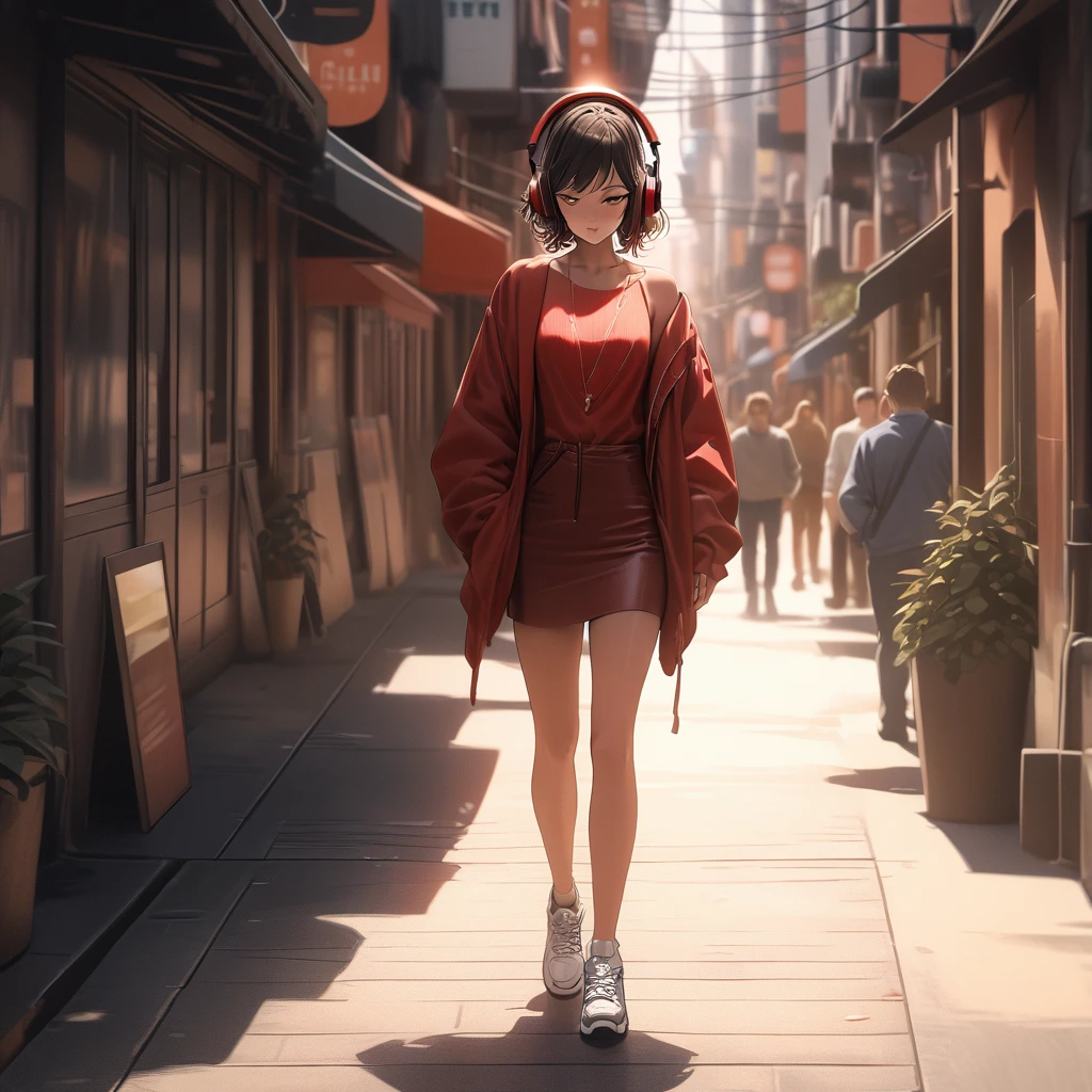 (best quality, 8k, masterpiece, highres, ultra-detailed), photorealistic, Tsukasa Hojo style, young woman, red dress, white sneakers, short hair, headphones, listening to music, walking down street, delicate features, soft shadows, youthful expression, subtle details, no exaggerated features, realistic skin, minimalistic background, soft lighting, film grain.