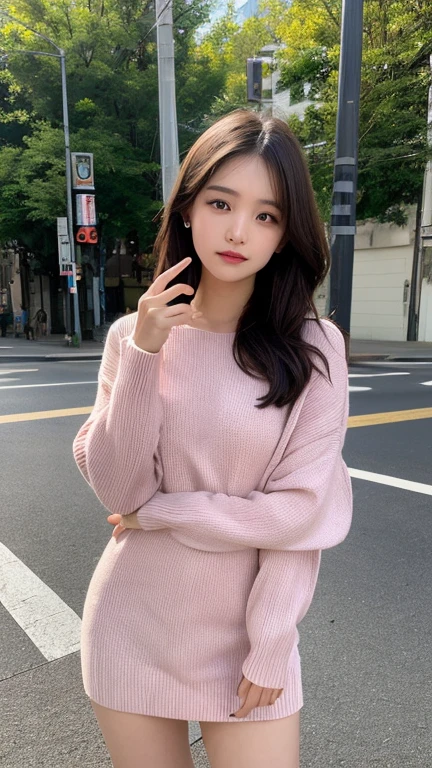 Detailed explanation,、High resolution、high quality、Perfect dynamic composition、Beautiful attention to detail、short hair、Small breasts、Natural color lip、Kamimei、Shibuya Ward、20-year-old girl、1 person、Clear Skin、Shiny Hair、Tabletop、最high quality、In detail、High resolution、8K、The correct state of the human body、Wearing a pink knit dress、Random pose、Sculpture model pose、Hair dancing in the wind
