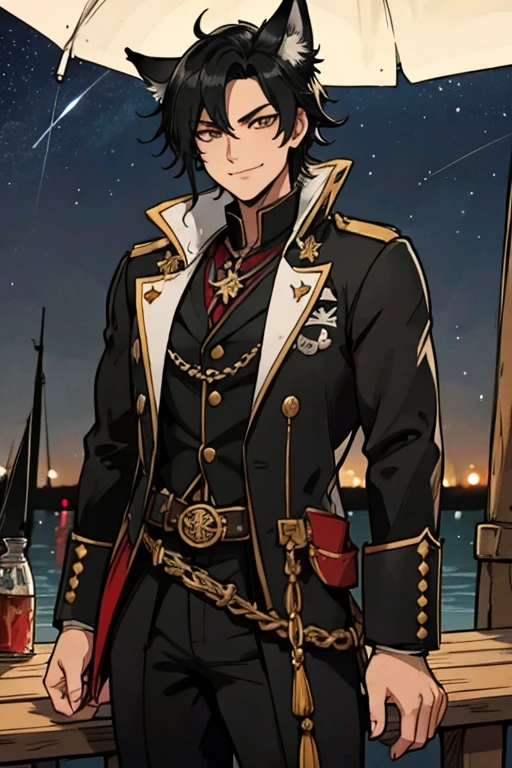 A handsome black haired foxman with golden eyes with black fox ears and a black fox tail in a pirate's uniform is watching the stars on a dock of a pirate city with a big smile at night