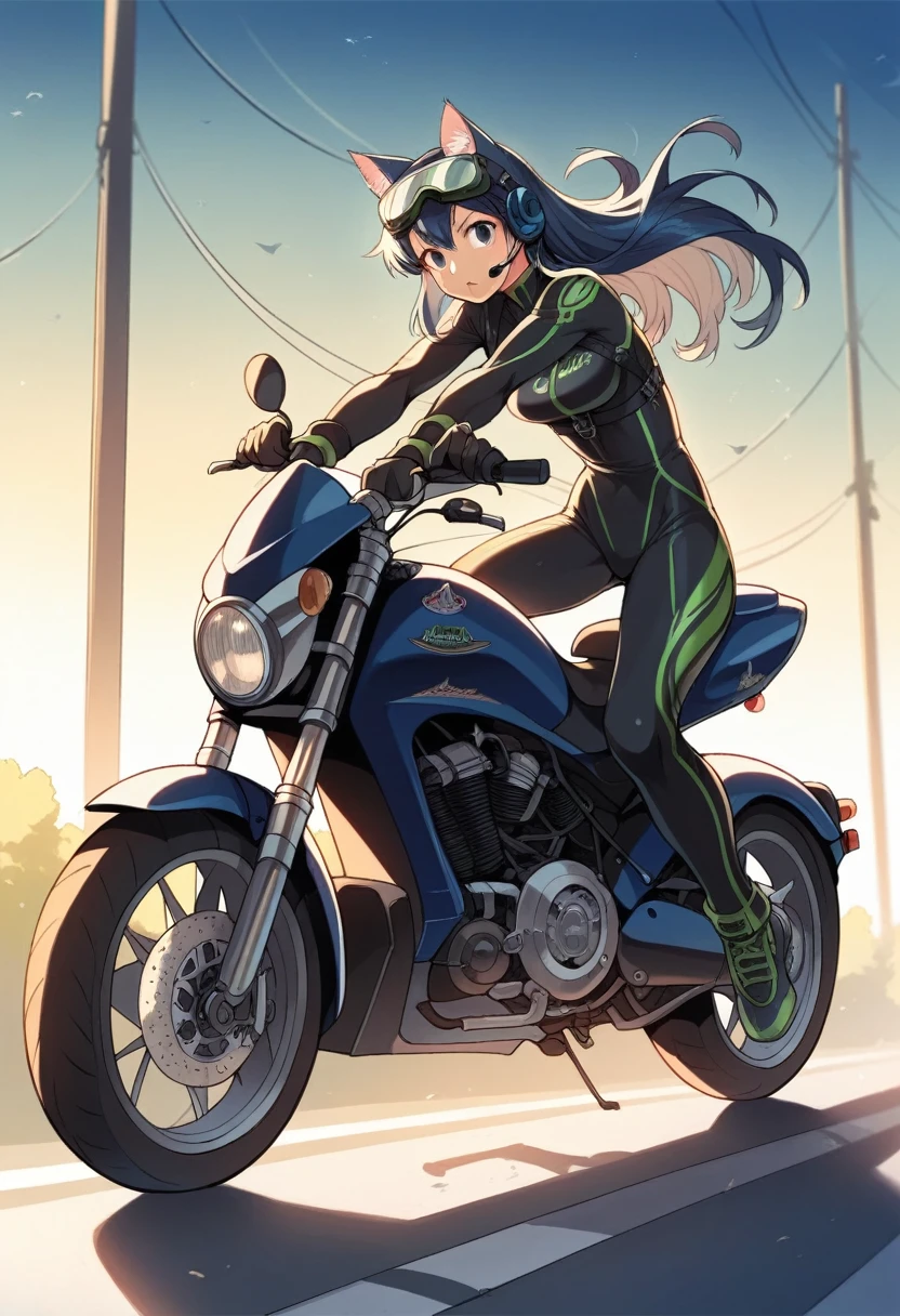 Masterpiece, Best quality, 8K Ultra High-Quality, ultra-detailed, High quality, Dark Blue hair, Long hair, Headset, goggles, cat girl, riding on a motorcycle, sports motorcycle, large motorcycle, Kawasaki H2R, tight rider suit, Body harness, full body, motorcycle riding pose